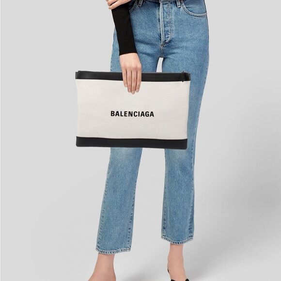 Balenciaga Large Cotton Leather Clutch Pouch - Picture 1 of 12